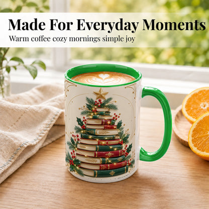 #pl[15oz|Green] Stacked Books Christmas Coffee Mug, Holiday Reading Mug, Ceramic Cup