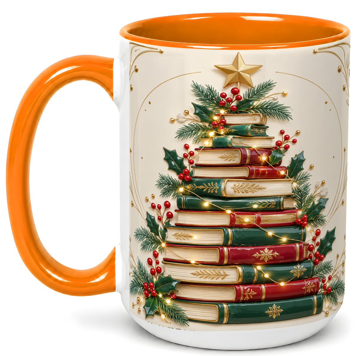 #pl[15oz|Orange] Stacked Books Christmas Coffee Mug, Holiday Reading Mug, Ceramic Cup