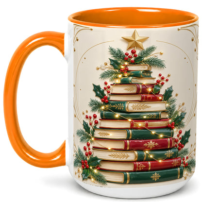 #pl[15oz|Orange] Stacked Books Christmas Coffee Mug, Holiday Reading Mug, Ceramic Cup