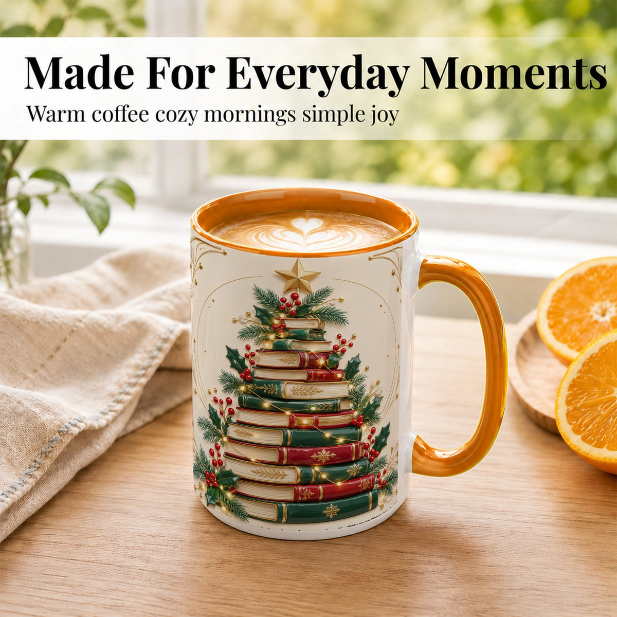 #pl[15oz|Orange] Stacked Books Christmas Coffee Mug, Holiday Reading Mug, Ceramic Cup