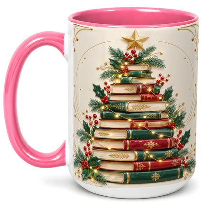 #pl[15oz|Pink] Stacked Books Christmas Coffee Mug, Holiday Reading Mug, Ceramic Cup