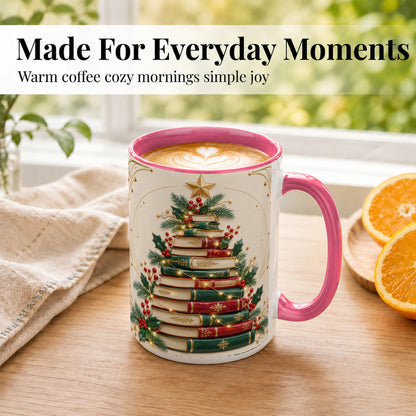 #pl[15oz|Pink] Stacked Books Christmas Coffee Mug, Holiday Reading Mug, Ceramic Cup
