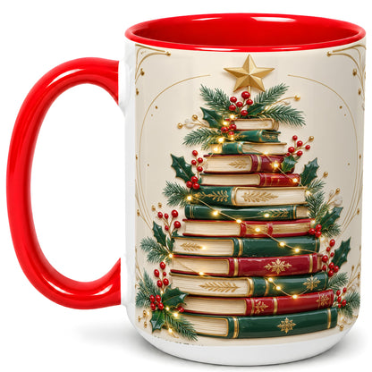 #pl[15oz|Red] Stacked Books Christmas Coffee Mug, Holiday Reading Mug, Ceramic Cup