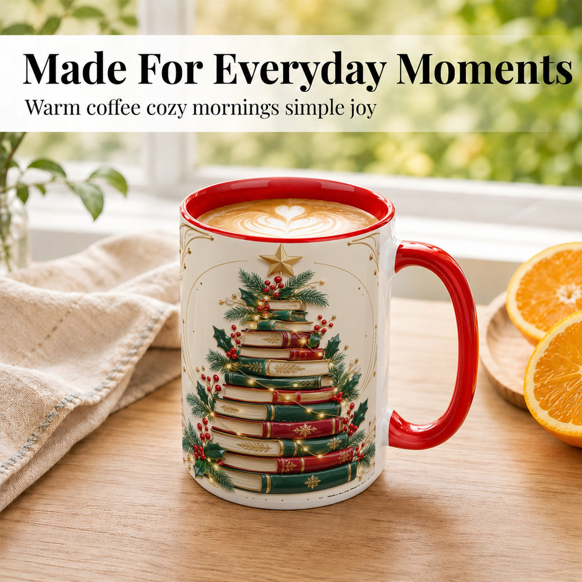 #pl[15oz|Red] Stacked Books Christmas Coffee Mug, Holiday Reading Mug, Ceramic Cup