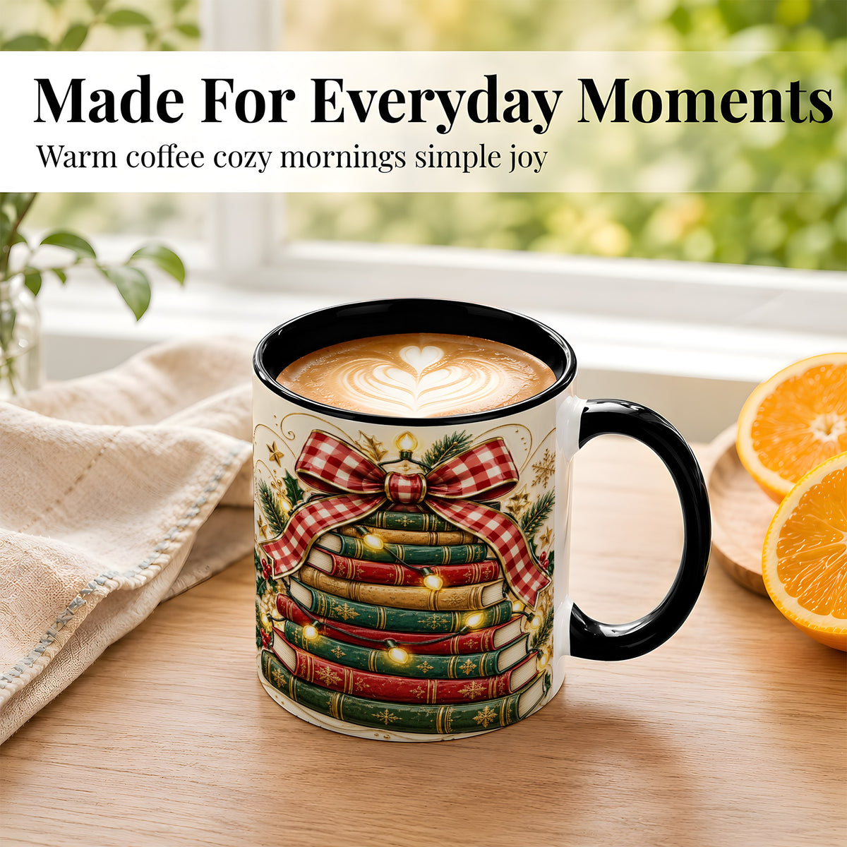 #pl[11oz|Black] Christmas Book Bow Coffee Mug, Holiday Reading Mug, Ceramic Cup