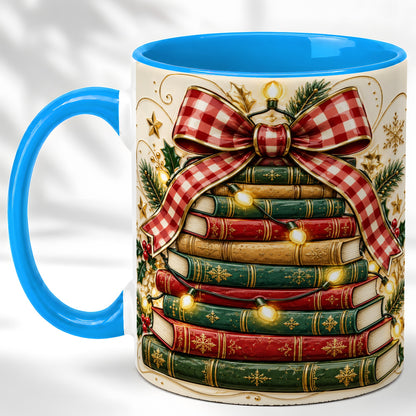 #pl[11oz|Blue] Christmas Book Bow Coffee Mug, Holiday Reading Mug, Ceramic Cup