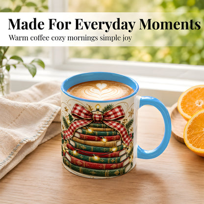 #pl[11oz|Blue] Christmas Book Bow Coffee Mug, Holiday Reading Mug, Ceramic Cup