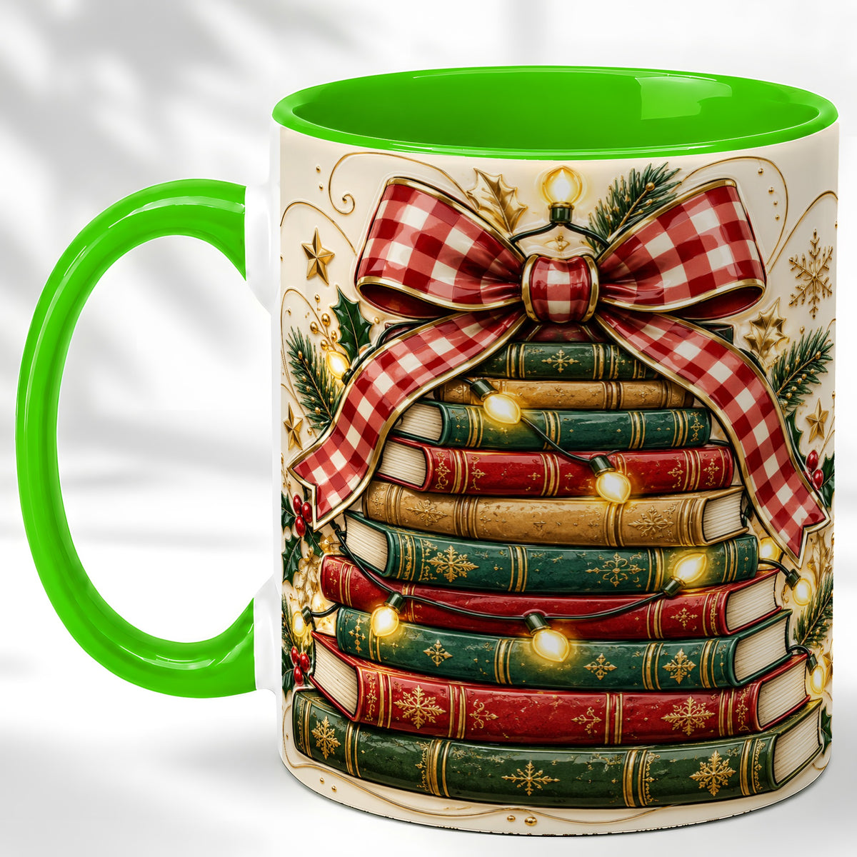 #pl[11oz|Green] Christmas Book Bow Coffee Mug, Holiday Reading Mug, Ceramic Cup