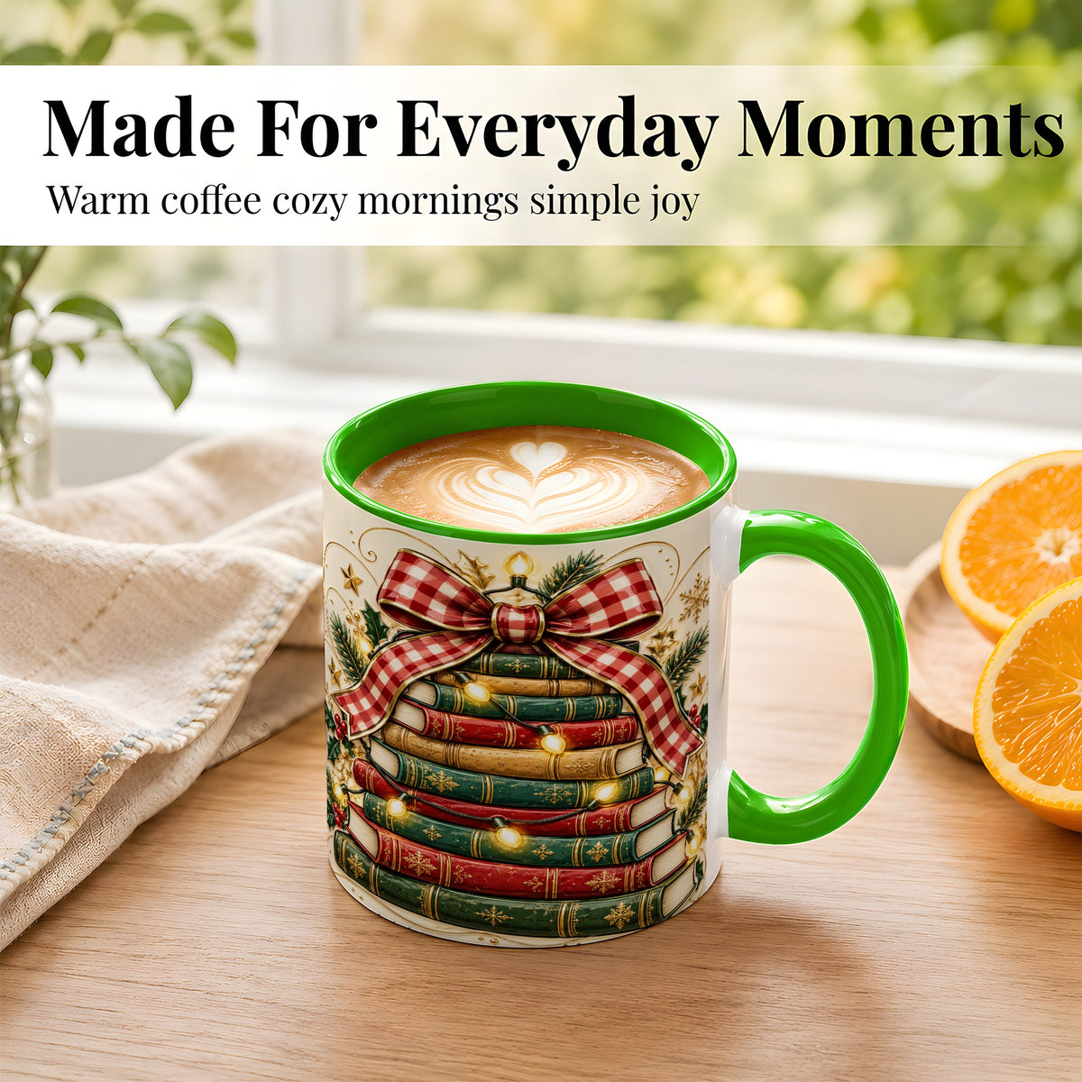 #pl[11oz|Green] Christmas Book Bow Coffee Mug, Holiday Reading Mug, Ceramic Cup