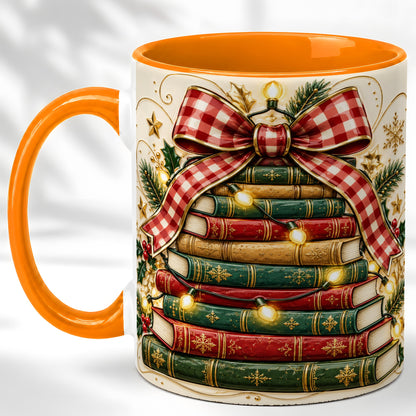 #pl[11oz|Orange] Christmas Book Bow Coffee Mug, Holiday Reading Mug, Ceramic Cup