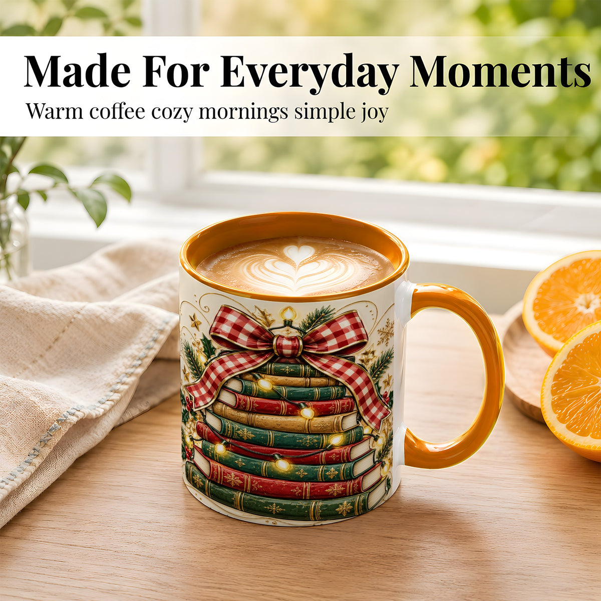 #pl[11oz|Orange] Christmas Book Bow Coffee Mug, Holiday Reading Mug, Ceramic Cup