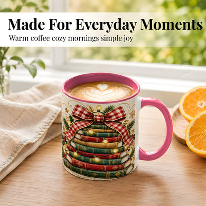 #pl[11oz|Pink] Christmas Book Bow Coffee Mug, Holiday Reading Mug, Ceramic Cup