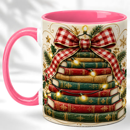 #pl[11oz|Pink] Christmas Book Bow Coffee Mug, Holiday Reading Mug, Ceramic Cup