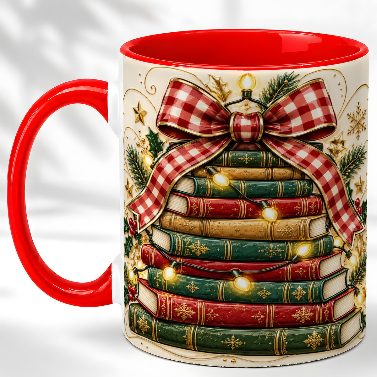 Christmas Book Bow Coffee Mug, Holiday Reading Mug, Ceramic Cup