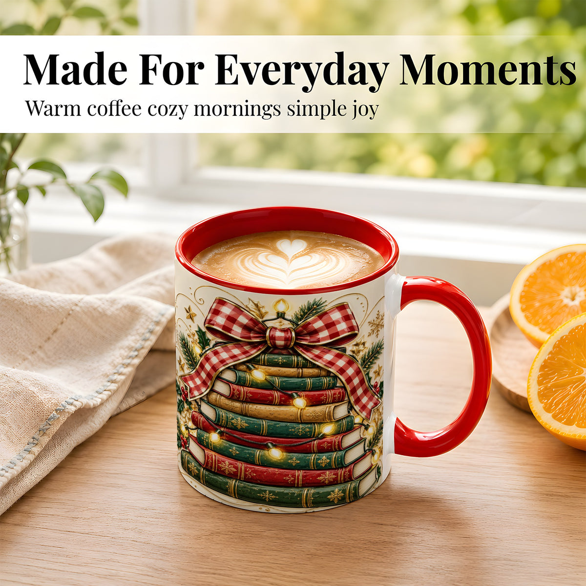 #pl[11oz|Red] Christmas Book Bow Coffee Mug, Holiday Reading Mug, Ceramic Cup