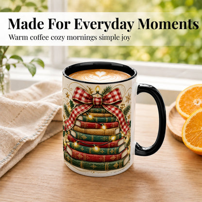 #pl[15oz|Black] Christmas Book Bow Coffee Mug, Holiday Reading Mug, Ceramic Cup