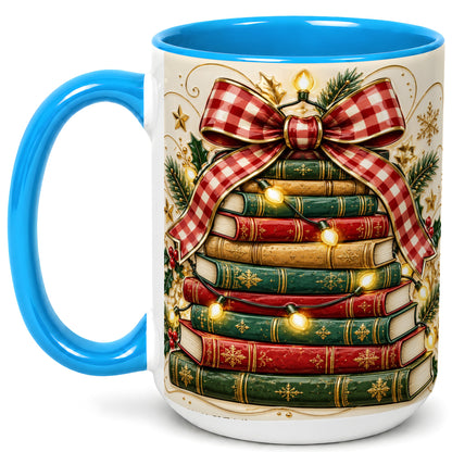#pl[15oz|Blue] Christmas Book Bow Coffee Mug, Holiday Reading Mug, Ceramic Cup