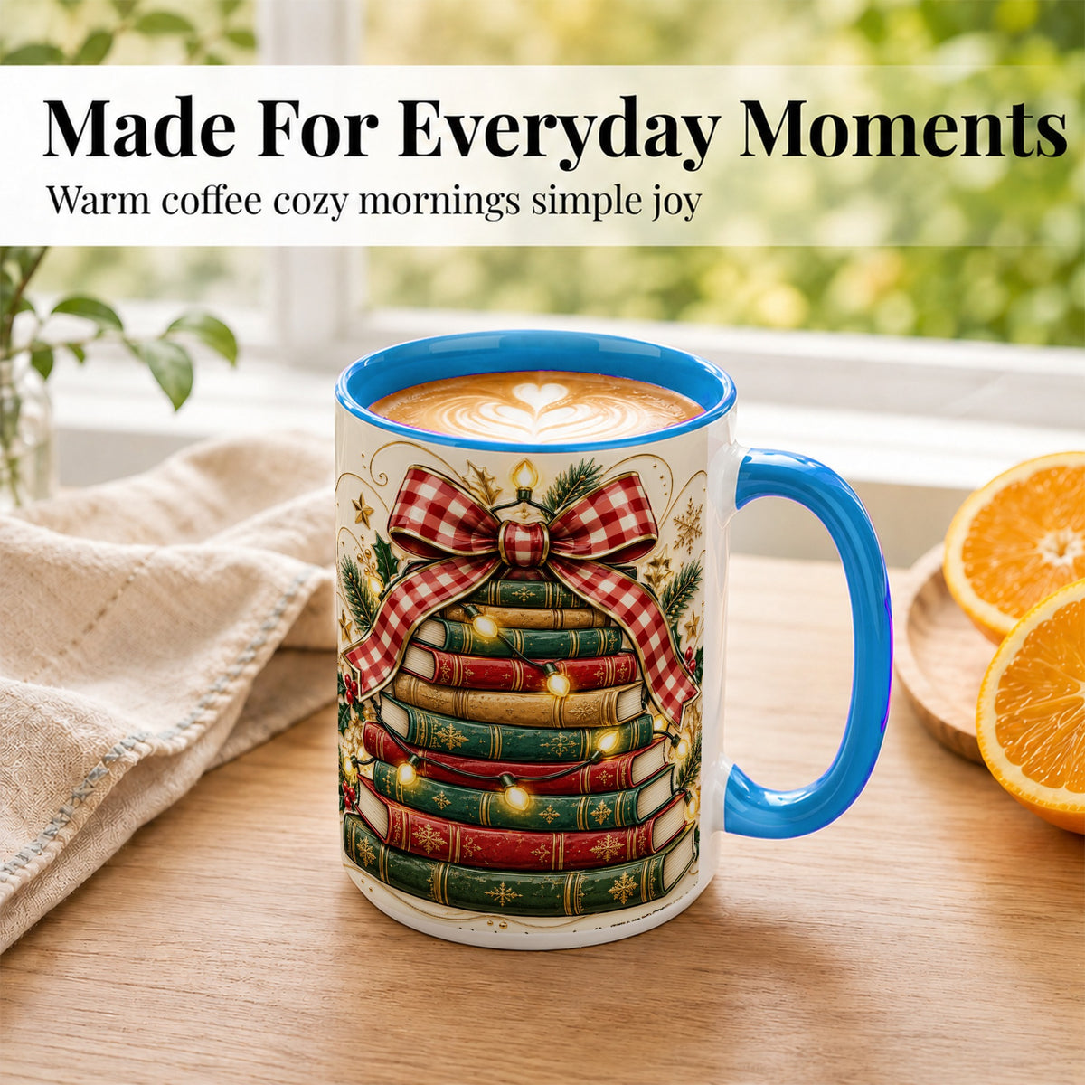 #pl[15oz|Blue] Christmas Book Bow Coffee Mug, Holiday Reading Mug, Ceramic Cup