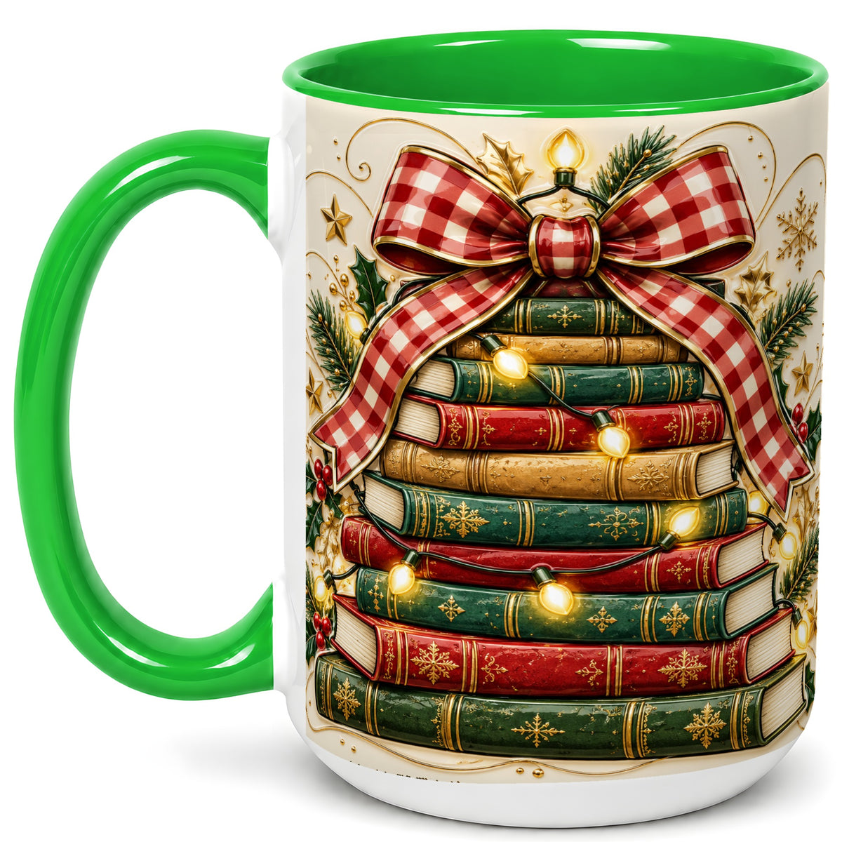 #pl[15oz|Green] Christmas Book Bow Coffee Mug, Holiday Reading Mug, Ceramic Cup