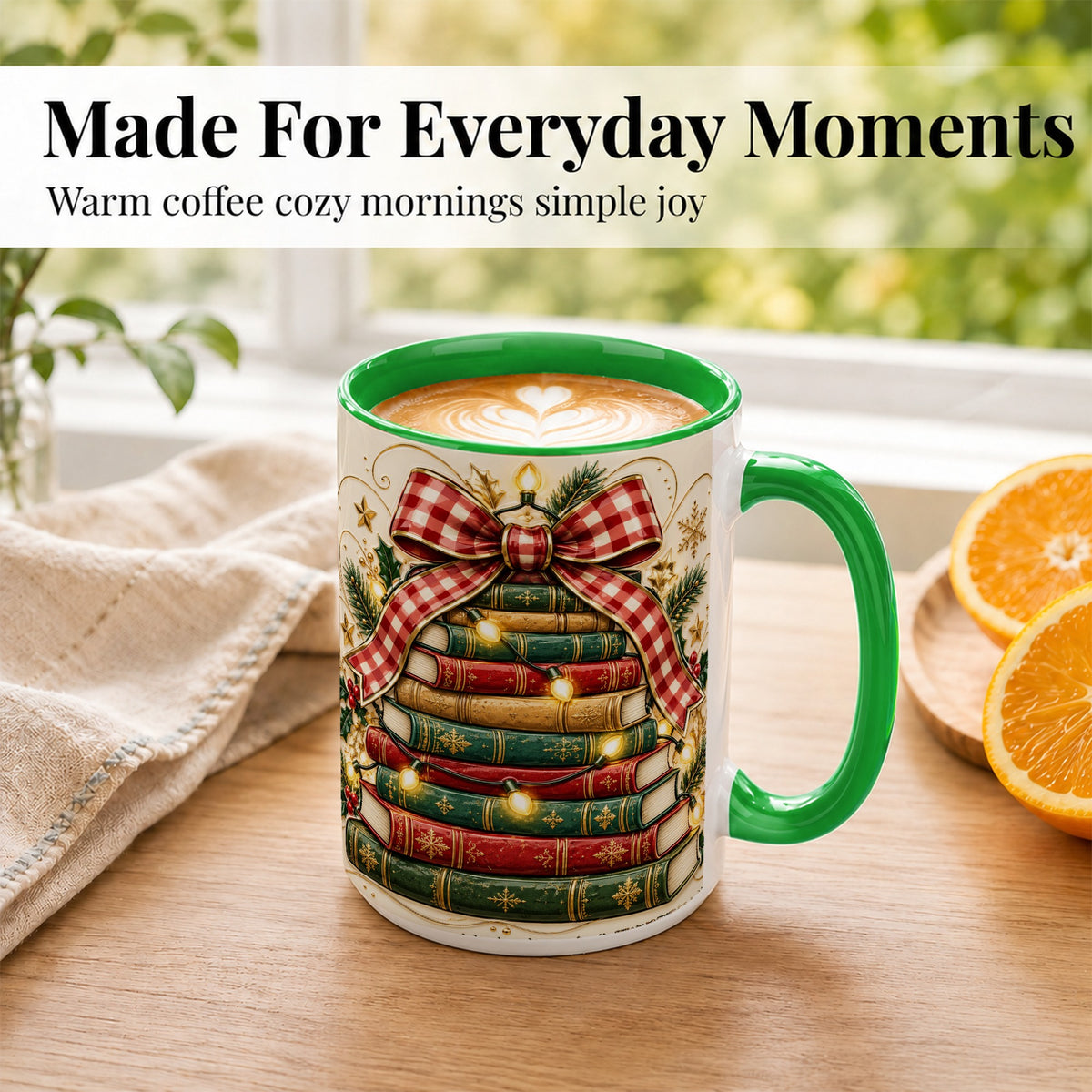 #pl[15oz|Green] Christmas Book Bow Coffee Mug, Holiday Reading Mug, Ceramic Cup