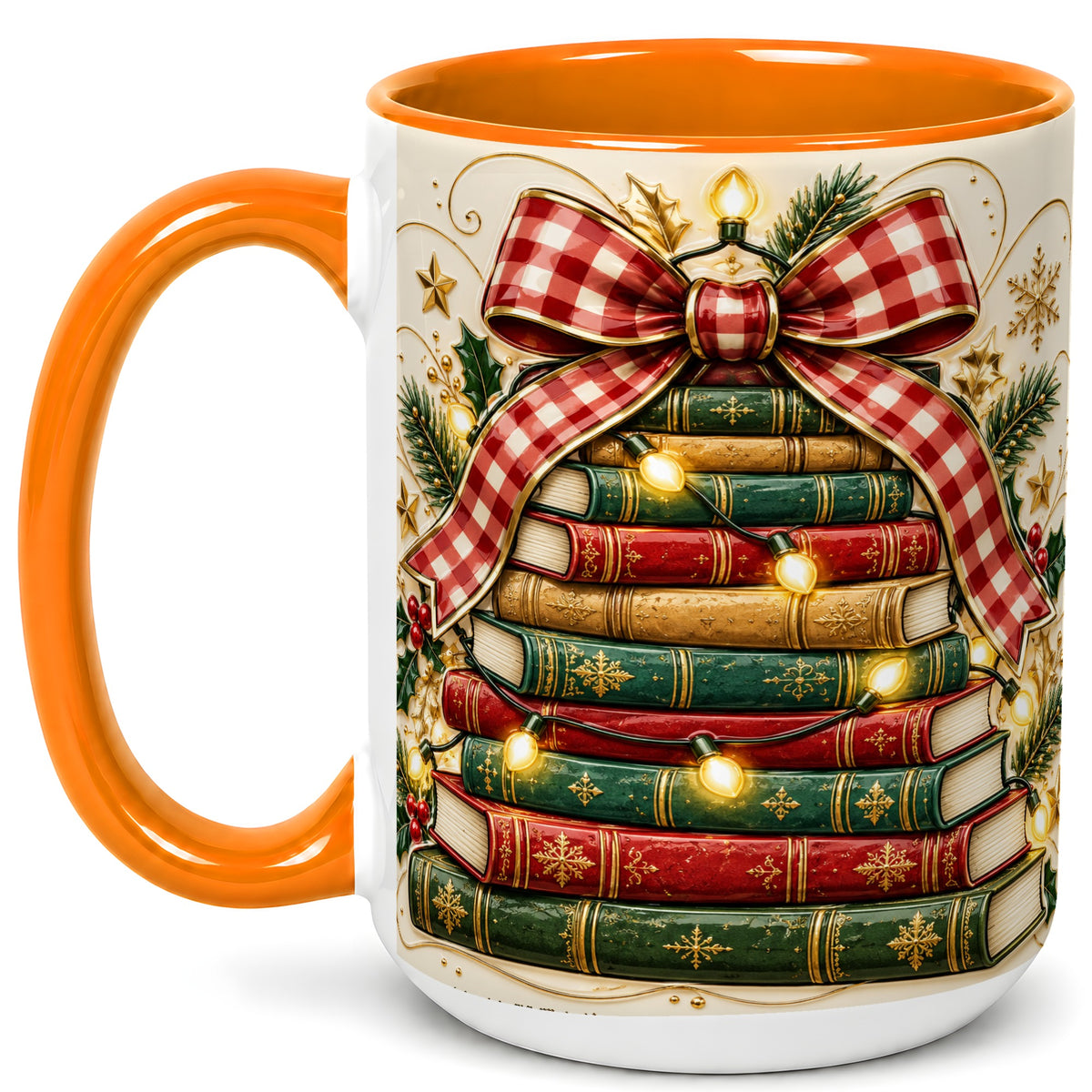 #pl[15oz|Orange] Christmas Book Bow Coffee Mug, Holiday Reading Mug, Ceramic Cup