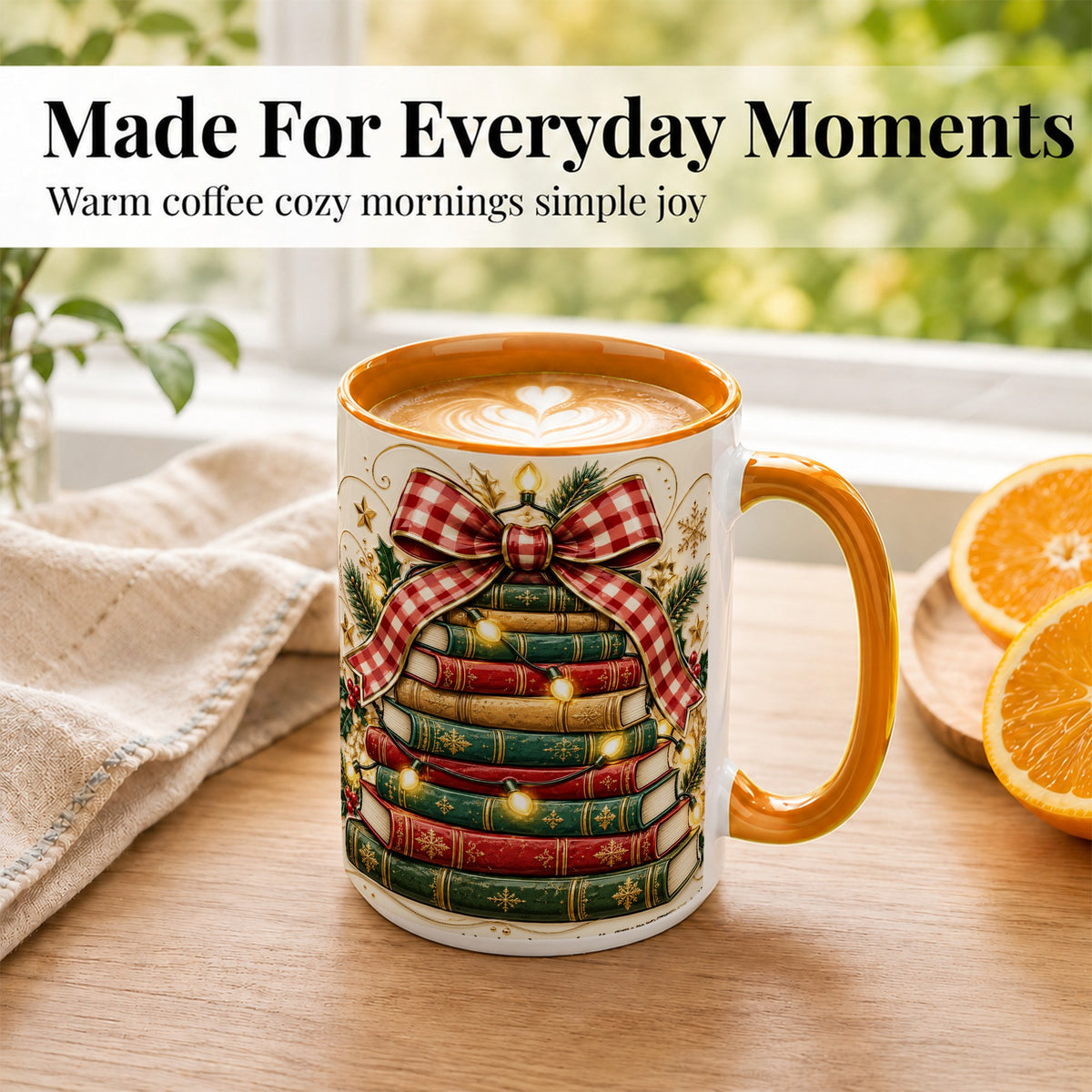 #pl[15oz|Orange] Christmas Book Bow Coffee Mug, Holiday Reading Mug, Ceramic Cup
