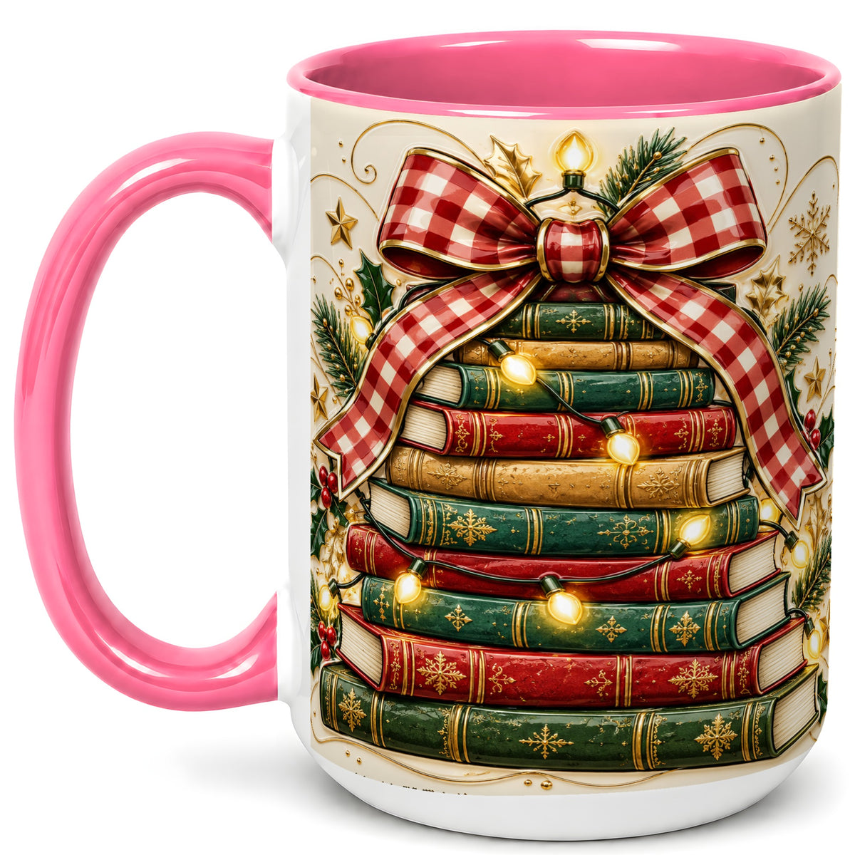 #pl[15oz|Pink] Christmas Book Bow Coffee Mug, Holiday Reading Mug, Ceramic Cup