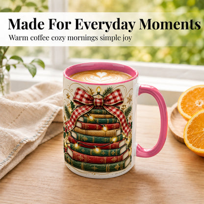 #pl[15oz|Pink] Christmas Book Bow Coffee Mug, Holiday Reading Mug, Ceramic Cup