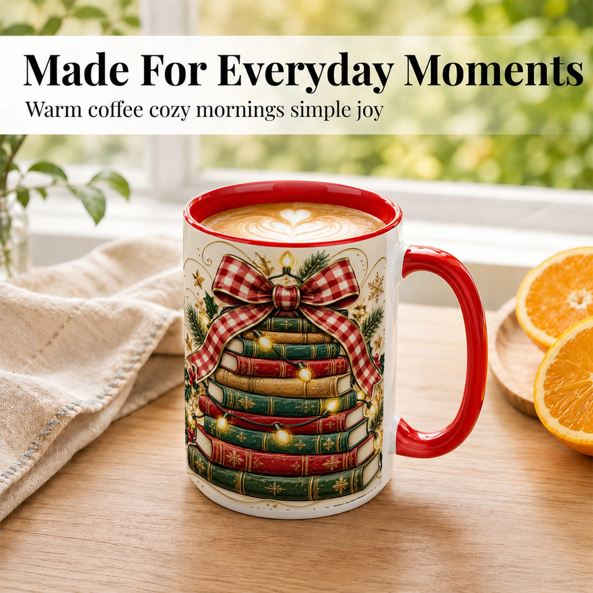 #pl[15oz|Red] Christmas Book Bow Coffee Mug, Holiday Reading Mug, Ceramic Cup