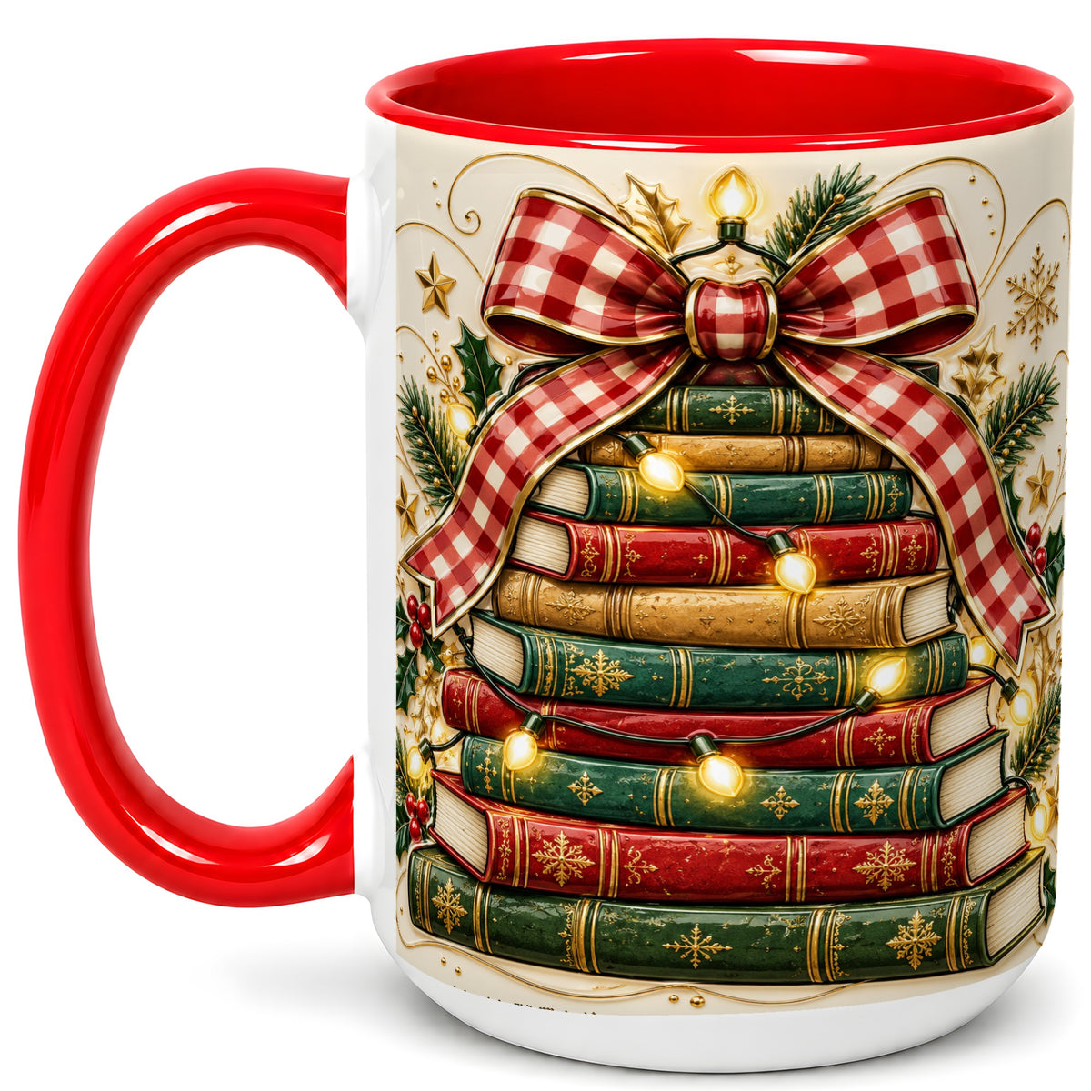 #pl[15oz|Red] Christmas Book Bow Coffee Mug, Holiday Reading Mug, Ceramic Cup