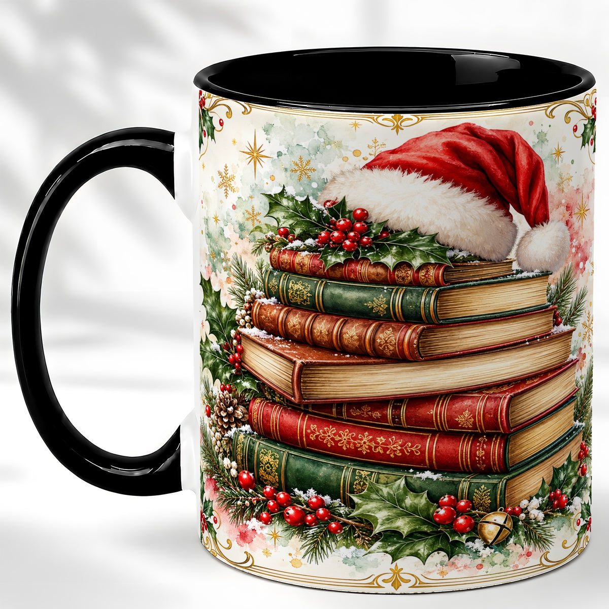 #pl[11oz|Black] Santa Hat Books Coffee Mug, Christmas Reading Mug, Ceramic Cup