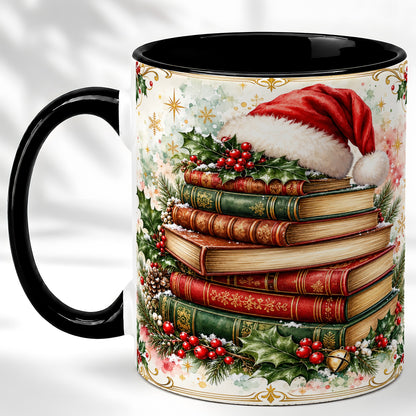 #pl[11oz|Black] Santa Hat Books Coffee Mug, Christmas Reading Mug, Ceramic Cup