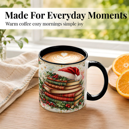 #pl[11oz|Black] Santa Hat Books Coffee Mug, Christmas Reading Mug, Ceramic Cup