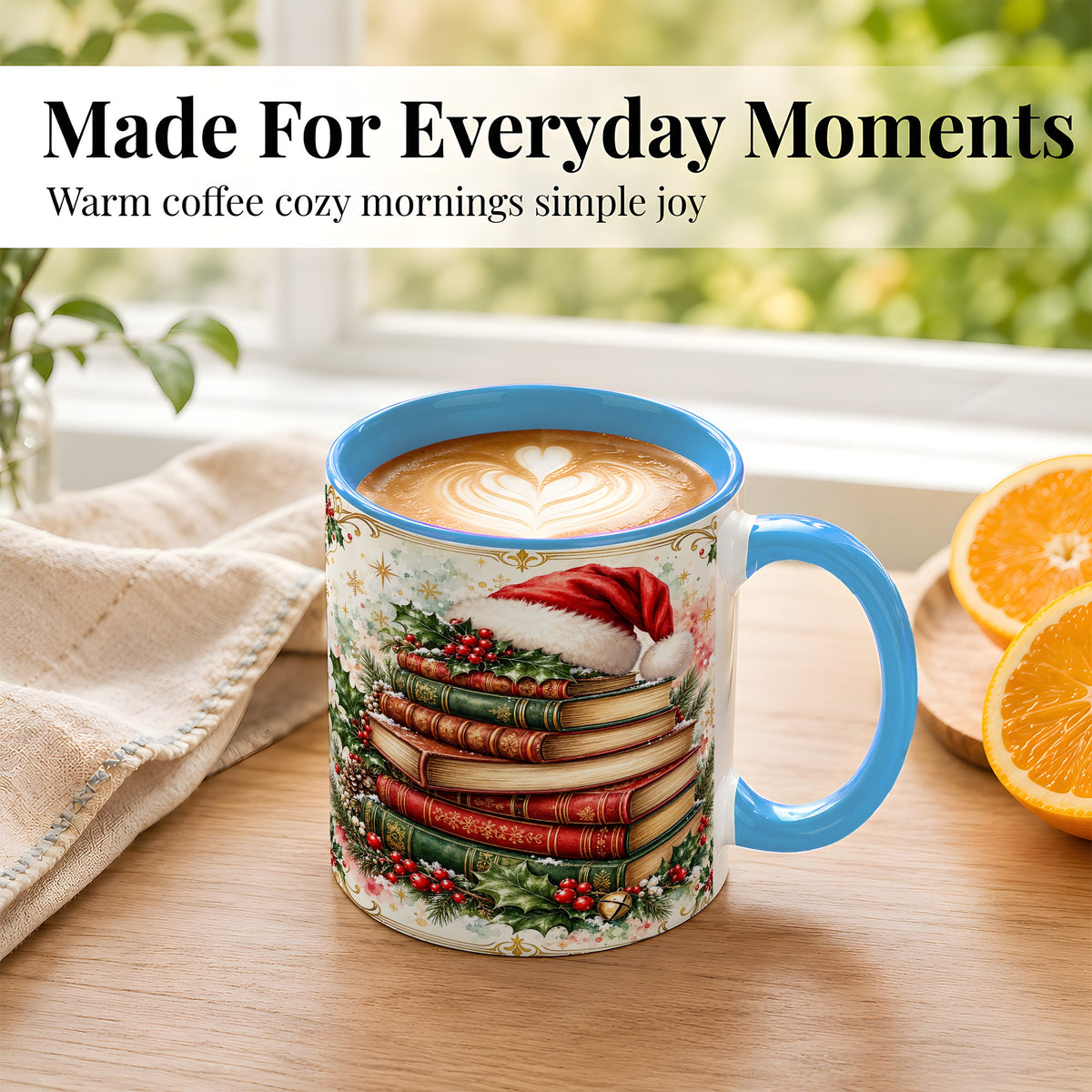 #pl[11oz|Blue] Santa Hat Books Coffee Mug, Christmas Reading Mug, Ceramic Cup