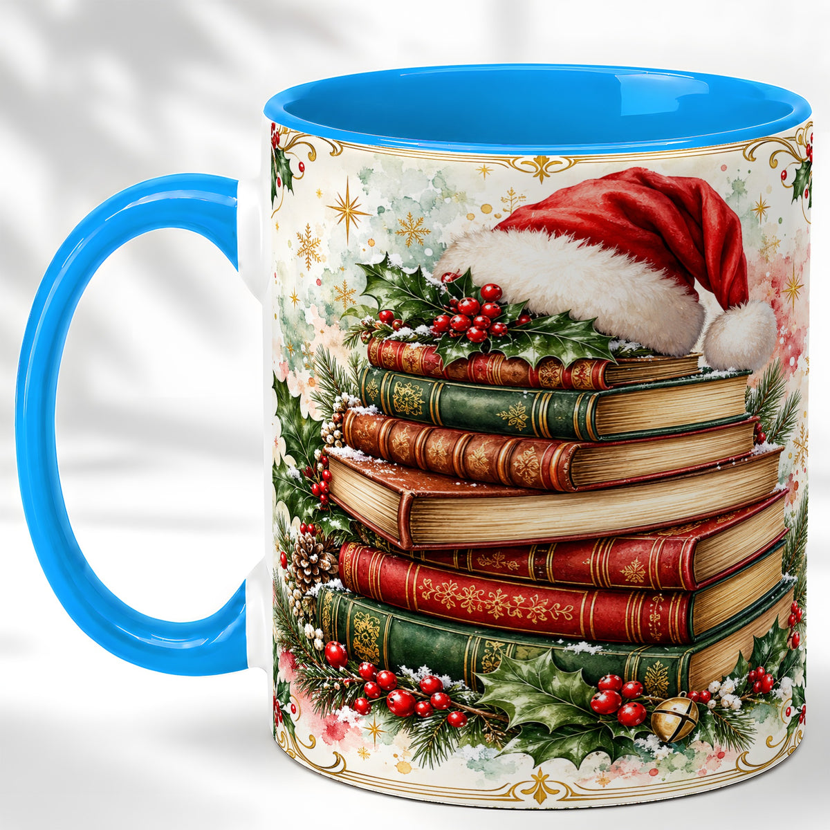 #pl[11oz|Blue] Santa Hat Books Coffee Mug, Christmas Reading Mug, Ceramic Cup