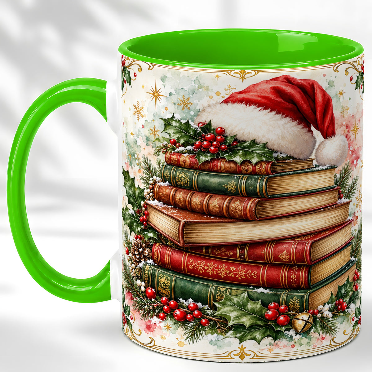 #pl[11oz|Green] Santa Hat Books Coffee Mug, Christmas Reading Mug, Ceramic Cup