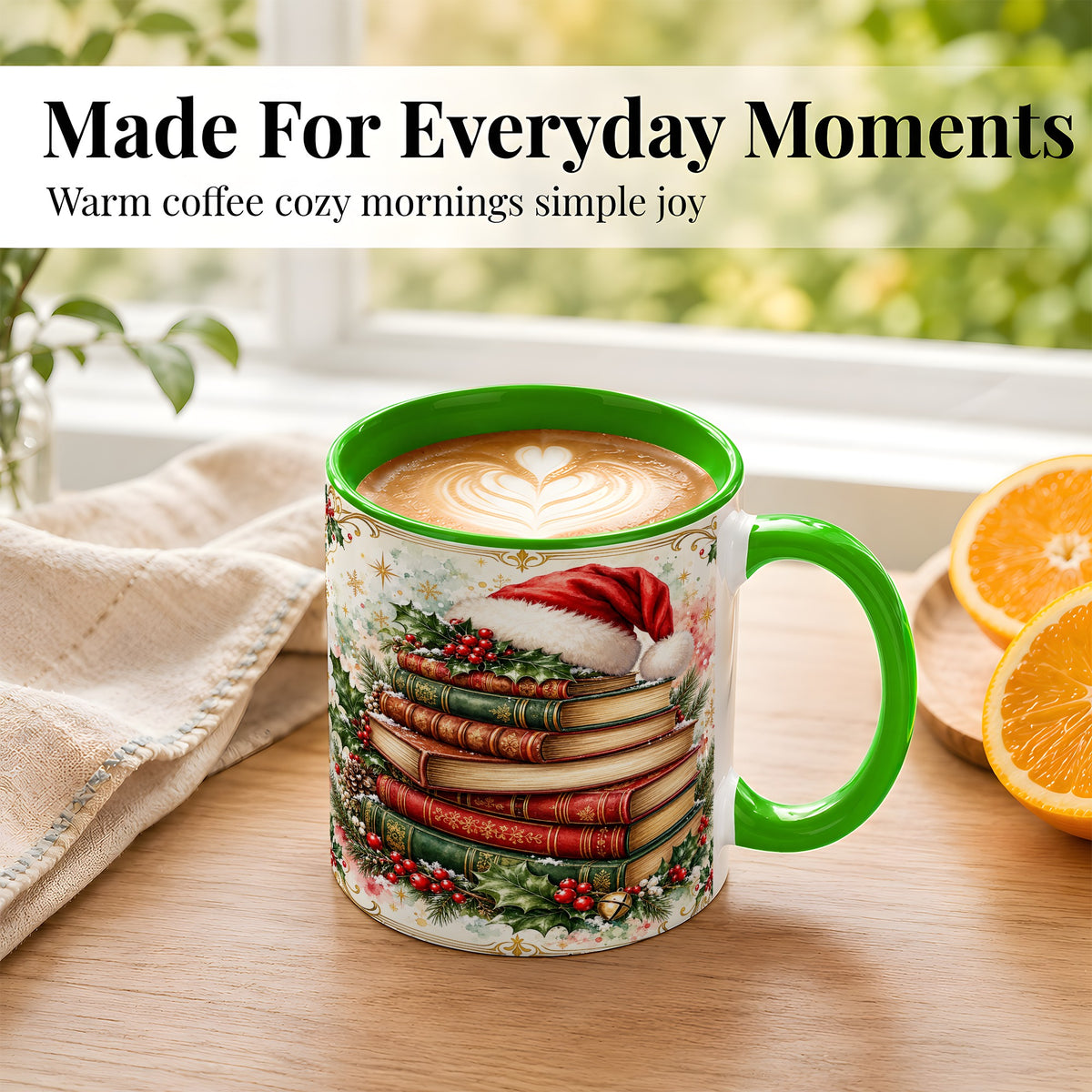 #pl[11oz|Green] Santa Hat Books Coffee Mug, Christmas Reading Mug, Ceramic Cup