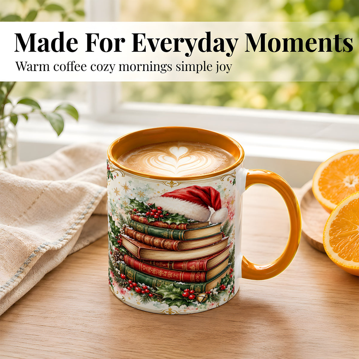 #pl[11oz|Orange] Santa Hat Books Coffee Mug, Christmas Reading Mug, Ceramic Cup