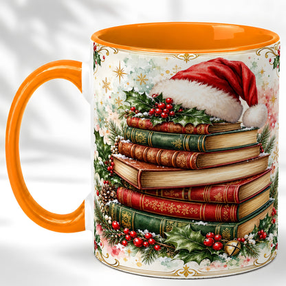 #pl[11oz|Orange] Santa Hat Books Coffee Mug, Christmas Reading Mug, Ceramic Cup