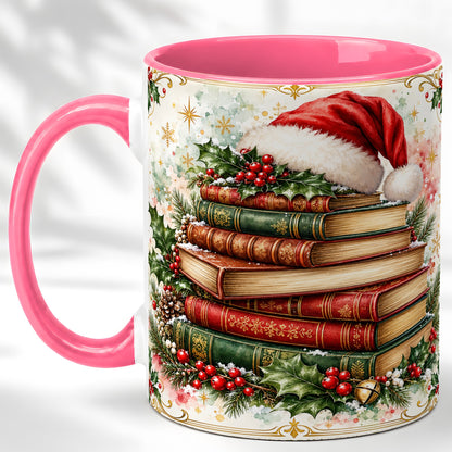#pl[11oz|Pink] Santa Hat Books Coffee Mug, Christmas Reading Mug, Ceramic Cup