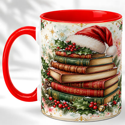 Santa Hat Books Coffee Mug, Christmas Reading Mug, Ceramic Cup