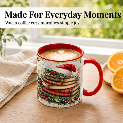 #pl[11oz|Red] Santa Hat Books Coffee Mug, Christmas Reading Mug, Ceramic Cup