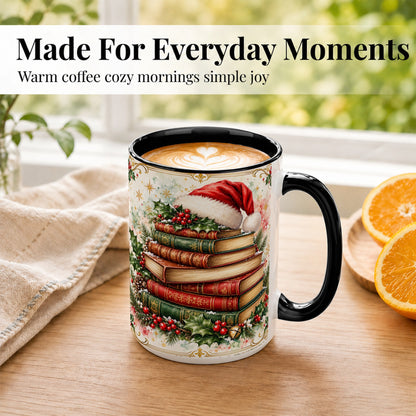 #pl[15oz|Black] Santa Hat Books Coffee Mug, Christmas Reading Mug, Ceramic Cup