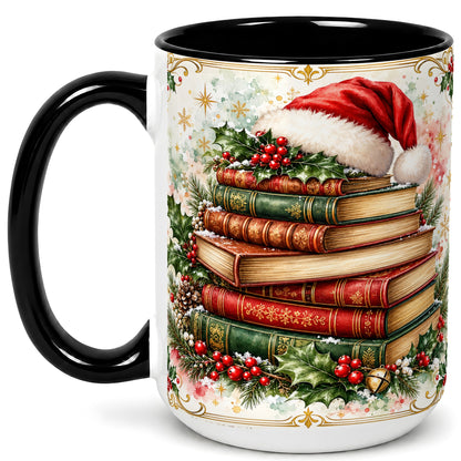 #pl[15oz|Black] Santa Hat Books Coffee Mug, Christmas Reading Mug, Ceramic Cup