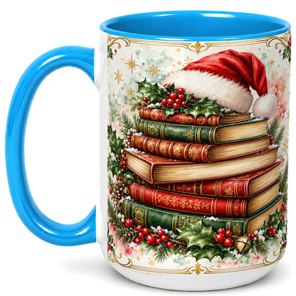 #pl[15oz|Blue] Santa Hat Books Coffee Mug, Christmas Reading Mug, Ceramic Cup