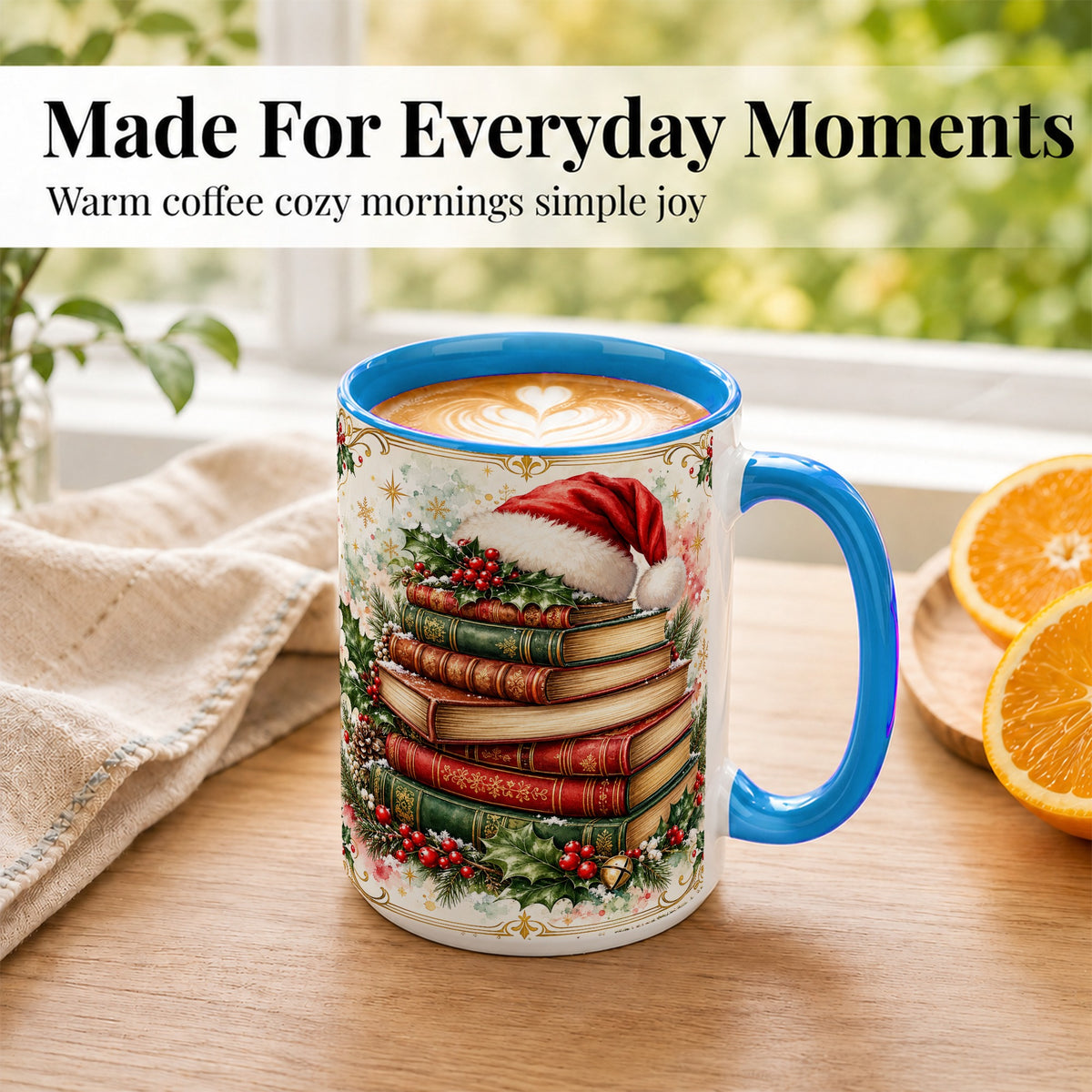 #pl[15oz|Blue] Santa Hat Books Coffee Mug, Christmas Reading Mug, Ceramic Cup
