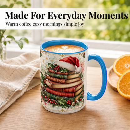 #pl[15oz|Blue] Santa Hat Books Coffee Mug, Christmas Reading Mug, Ceramic Cup