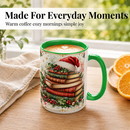 #pl[15oz|Green] Santa Hat Books Coffee Mug, Christmas Reading Mug, Ceramic Cup