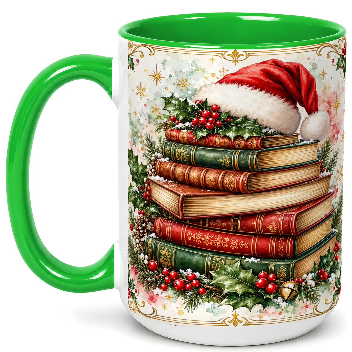 #pl[15oz|Green] Santa Hat Books Coffee Mug, Christmas Reading Mug, Ceramic Cup