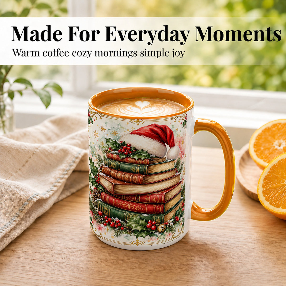 #pl[15oz|Orange] Santa Hat Books Coffee Mug, Christmas Reading Mug, Ceramic Cup